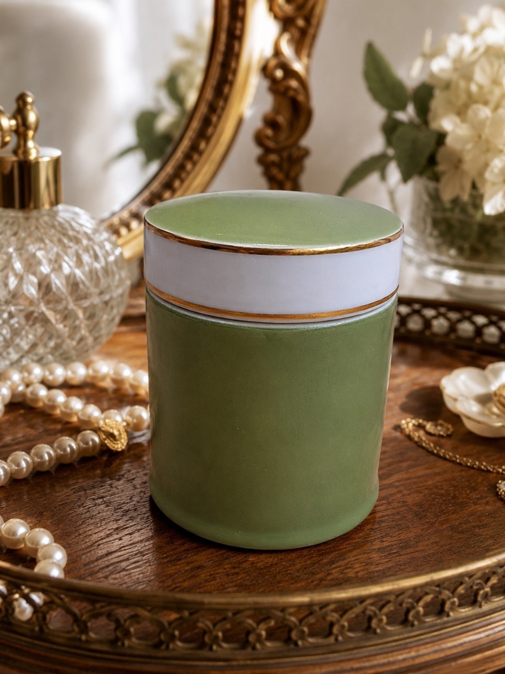 Vintage Viking Japan Green Porcelain Vanity TrinketJar/Box Gold Trim Mid Century